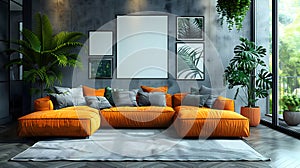 Modern industrial living room interior design, 3d render, cosy sofa bed wit white blank empty photo frame on the wall