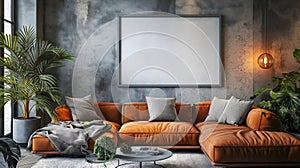 Modern industrial living room interior design, 3d render, cosy sofa bed wit white blank empty photo frame on the wall