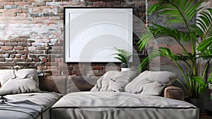 Modern industrial living room interior design, 3d render, cosy sofa bed wit white blank empty photo frame on the wall