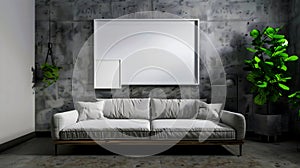 Modern industrial living room interior design, 3d render, cosy sofa bed wit white blank empty photo frame on the wall