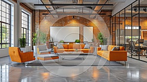 Modern Industrial Lounge with Orange Sofas