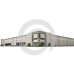 Modern Industrial Warehouse Building with Loading Docks and Offices on a White Background Keywords: warehouse, industrial building