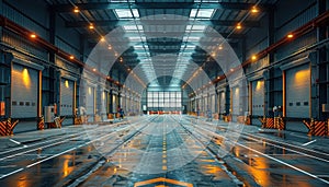 Modern Industrial Warehouse Interior with Bright Overhead Lighting and Concrete Floor