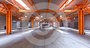 Modern industrial warehouse interior with orange beams