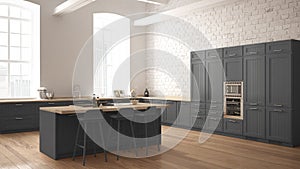 Modern industrial wooden kitchen with wooden details and panoramic window, white and gray minimalistic interior design,