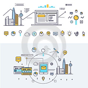 Modern industry thin block line flat icons and composition