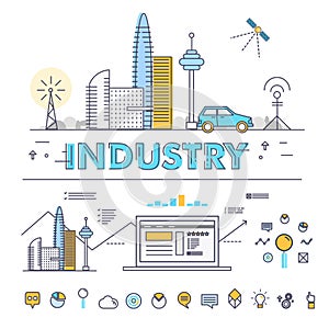 Modern industry thin block line flat icons and composition