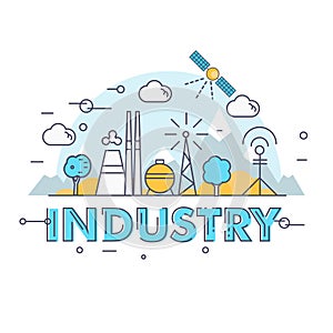 Modern industry thin block line flat icons and composition