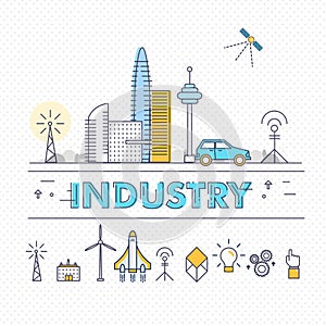 Modern industry thin block line flat icons and composition