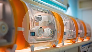 Modern infant incubators for neonates or premature babies in a hospital or clinic photo