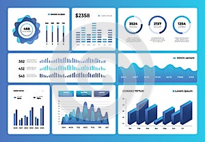 Modern infographic dashboard. Futuristic ui interface graphs, statistics, diagrams. Admin panel data technology hud screen