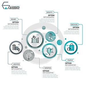 Modern infographic design layout, 6 round elements with pictograms