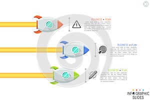 Modern infographic design layout. Three space rockets flying to right, pictograms and text boxes