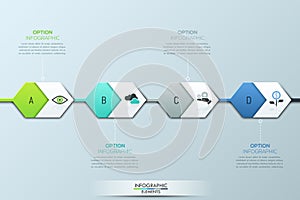 Modern infographic design template. Four successively connected hexagonal elements and text boxes