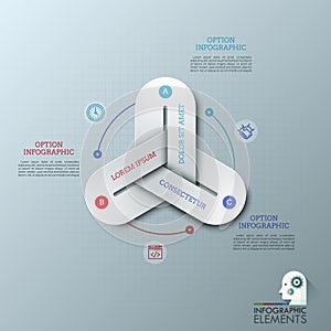 Modern infographic design templates with 3 colorful chain links connected together, thin line pictograms and text boxes.