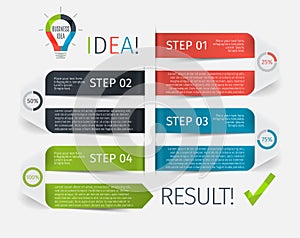 Modern infographic step up ribbon, or timeline with 4 steps, options and percentage of completion. Template for