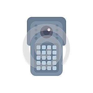 Modern intercom device with camera and buttons is hanging on wall