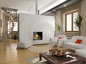 El moderno diseño interior con chimenea (3D)