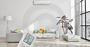 Modern interior apartment with air conditioning and remote control 3D rendering illustration