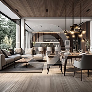 Modern interior of apartment, dining room with table and chairs, living room with sofa, hall, panorama 3d rendering