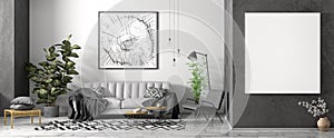 Modern interior of apartment, living room with grey sofa, black armchair, coffee tables and plant, panorama 3d rendering