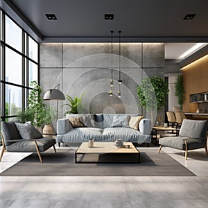Modern interior of apartment, living room with grey sofa, black armchair, coffee tables and plant, panorama 3d rendering