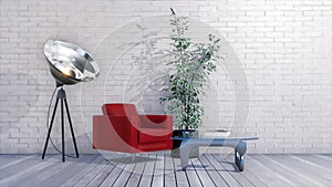 Modern interior with armchair and white brick wall