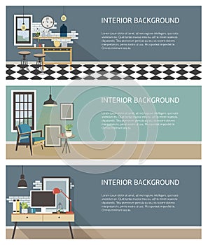 Modern interior banners set. Kitchen, living room, workplace in loft style. Colorful flat vector horizontal templates