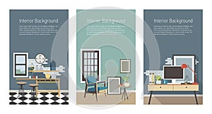 Modern interior banners set. Kitchen, living room, workplace in loft style. Colorful flat vector vertical templates with