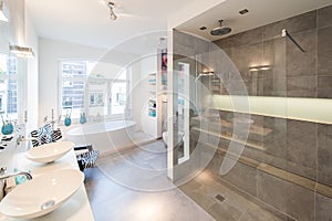 Modern interior of a  bath room with big shower cabin