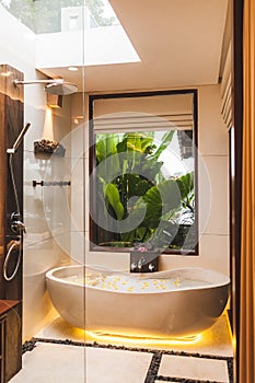 Modern interior of bathroom with bathtub and tropical garden view through window