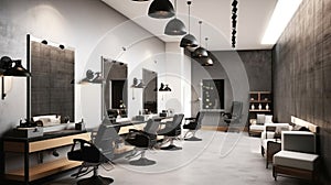 Modern interior of the beauty salon which consist of nail salon and barbershop with other salon equipment. Generative AI