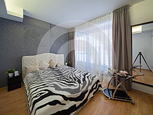 Modern interior of bedroom in luxury cottage. Zebra print bedspread.