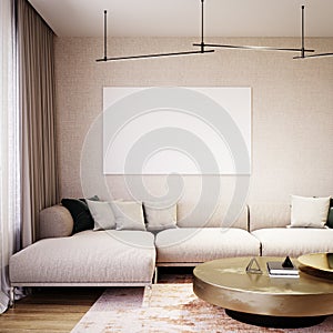 Modern interior with beige sofa and empty white picture frame