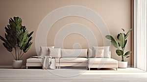 Modern interior with beige sofa and plant. 3d render.