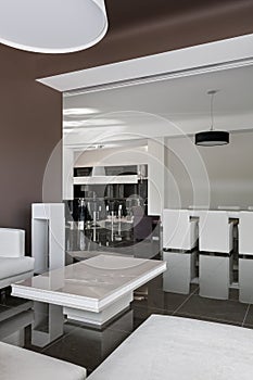 Modern interior with big table, chairs and living room in daylig