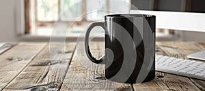 Modern interior black ceramic mug close up next to computer enhances aesthetic appeal photo