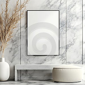 Modern interior with blank frame mockup against marble wall and decorative vase display