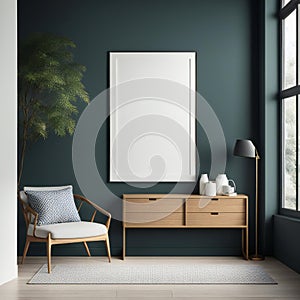 Modern interior with blank frame, stylish chair, and wooden sideboard