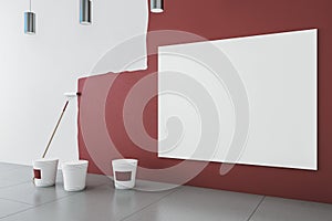 Modern interior with blank mock up banner, red paint on wall, painting tools, ladder, lamps and concrete flooring. Repairs