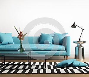 Modern interior with a blue turqoise sofa in the living room