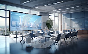 Modern interior of boardroom, meeting or seminar room with chairs and long wooden table