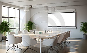 Modern interior of boardroom, meeting or seminar room with chairs and long wooden table