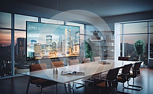 Modern interior of boardroom, meeting or seminar room with chairs and long wooden table