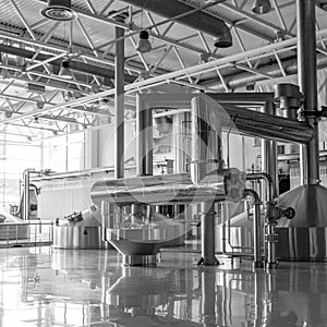 Modern interior of a brewery mash vats metal containers