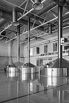 Modern interior of a brewery mash vats metal containers