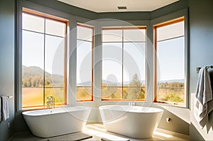 Modern interior of a bright bathroom with windows and two bathtubs in a cottage and sunlight through them with a view of