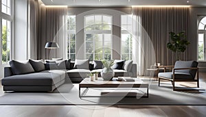 Modern Interior of a bright living room with gray sofas, a coffee table and a large window, 3D rendering,