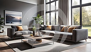 Modern Interior of a bright living room with gray sofas, a coffee table and a large window, 3D rendering,