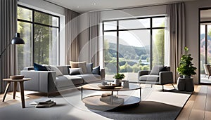 Modern Interior of a bright living room with gray sofas, a coffee table and a large window, 3D rendering,